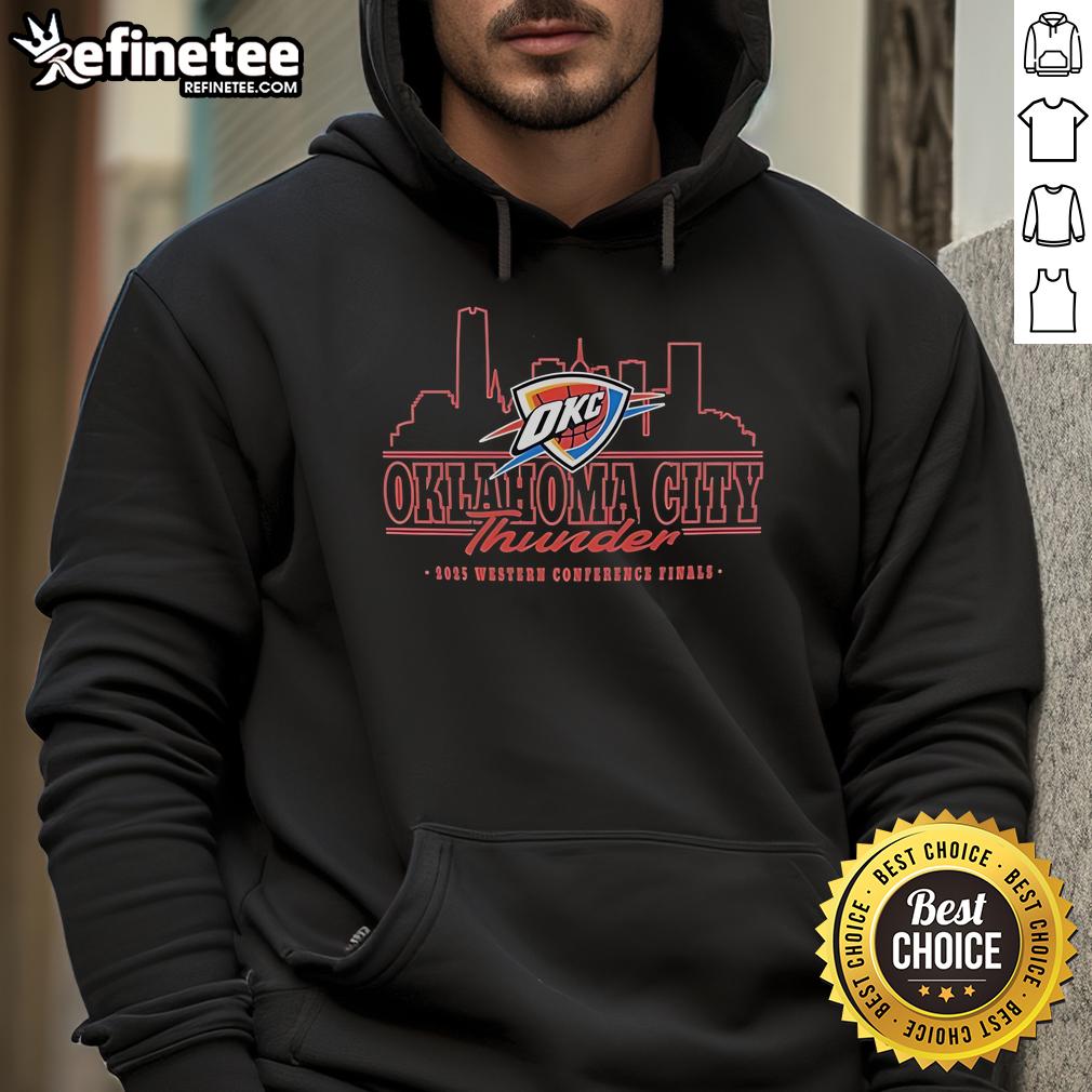 Official Oklahoma City Thunder 2025 Western Conference Finals skyline hoodie featuring team colors and logo design.