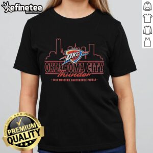 Official Oklahoma City Thunder 2025 Western Conference Finals skyline ladies tee featuring vibrant team colors and logo.