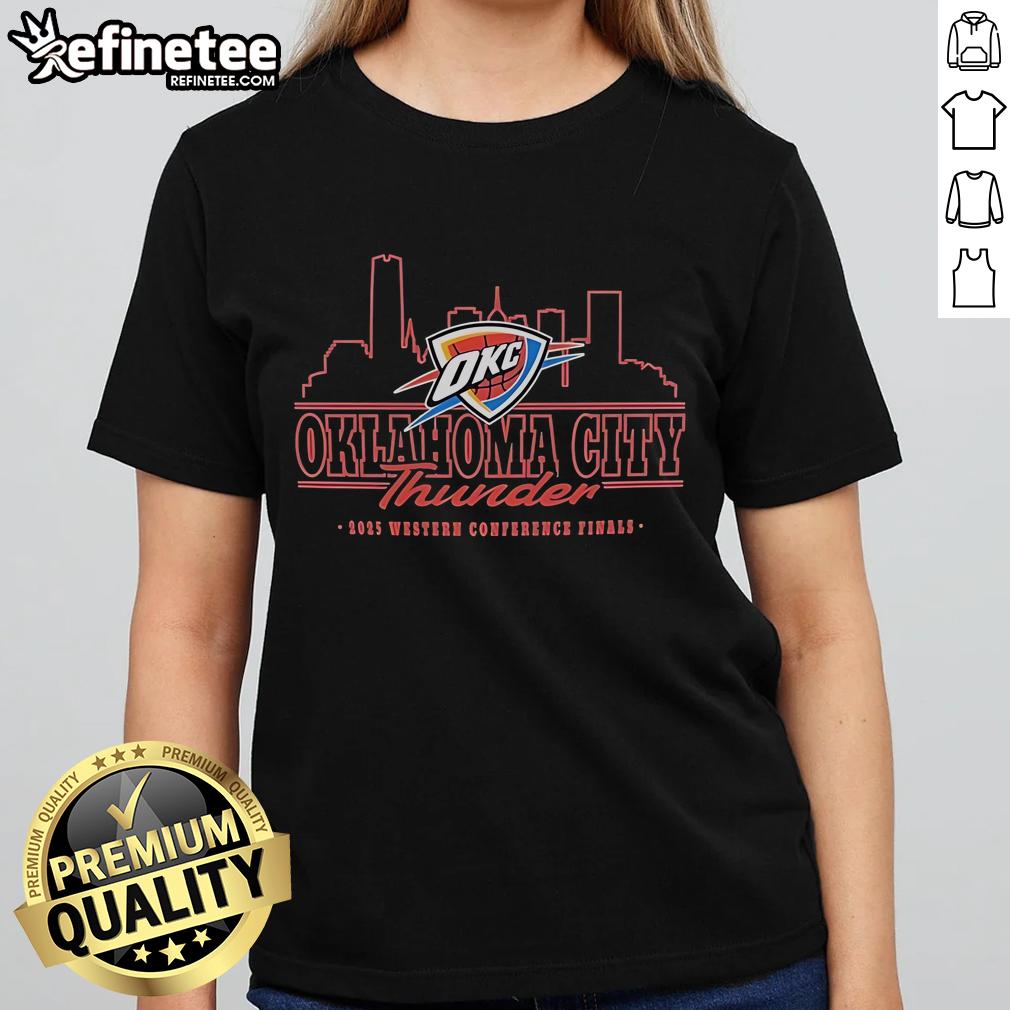 Official Oklahoma City Thunder 2025 Western Conference Finals skyline ladies tee featuring vibrant team colors and logo.