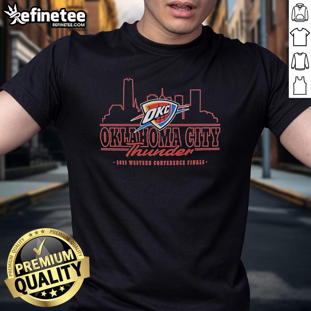 Official Oklahoma City Thunder 2025 Western Conference Finals Skyline T-Shirt featuring team colors and iconic city skyline design.