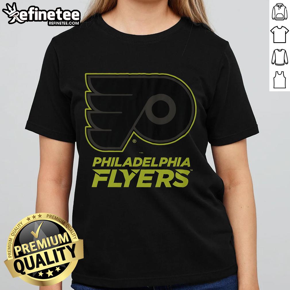 Official Philadelphia Flyers Highlight Reel Ladies Tee showcasing team logo and vibrant design for female fans.