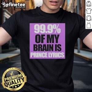 Official Prince Party UK t-shirt featuring '99.9% Of My Brain Is Prince' lyrics in vibrant, bold design.