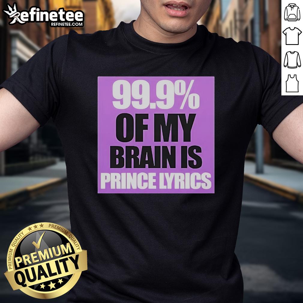 Official Prince Party UK t-shirt featuring '99.9% Of My Brain Is Prince' lyrics in vibrant, bold design.
