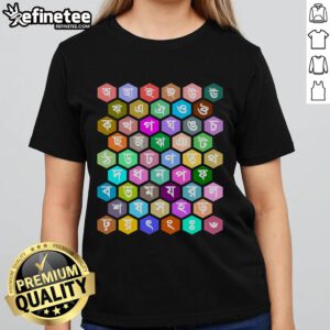 Alt Text: Official Rainbow Bangla Alphabets Learning Tee for Ladies featuring colorful Bengali letters on a stylish shirt.