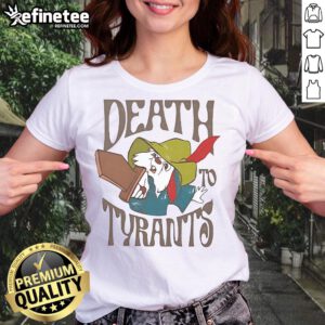 Official Skippy Rabbit Death to Tyrants Robin Hood Disney Ladies Tee featuring vibrant graphics and a playful design.