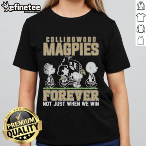 Official Snoopy and Charlie Brown Peanuts Collingwood Magpies Forever tee for ladies, celebrating team spirit.