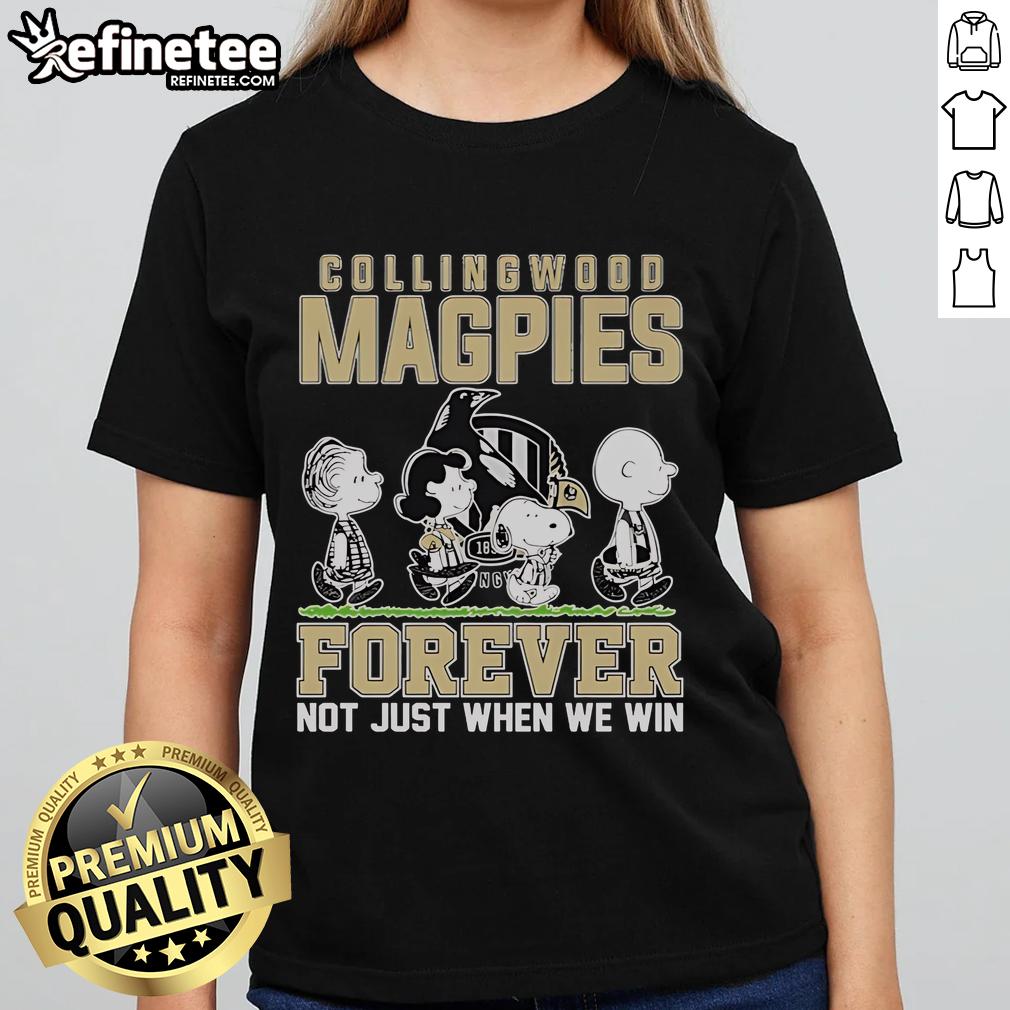 Official Snoopy and Charlie Brown Peanuts Collingwood Magpies Forever tee for ladies, celebrating team spirit.