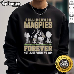 Official Snoopy and Charlie Brown Peanuts Collingwood Magpies Forever sweatshirt, perfect for fans celebrating their team.