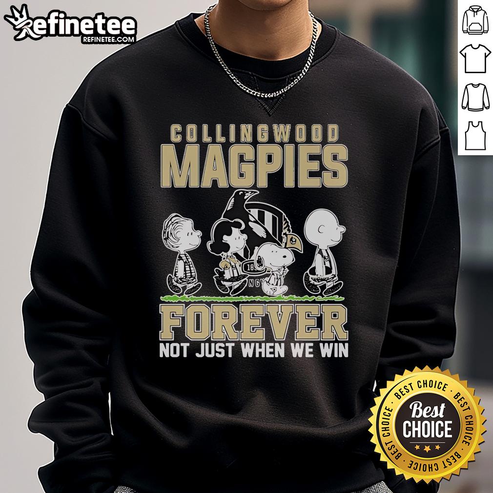 Official Snoopy and Charlie Brown Peanuts Collingwood Magpies Forever sweatshirt, perfect for fans celebrating their team.