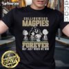 Official Snoopy and Charlie Brown Peanuts Collingwood Magpies T-Shirt: 'Forever Not Just When We Win' design.