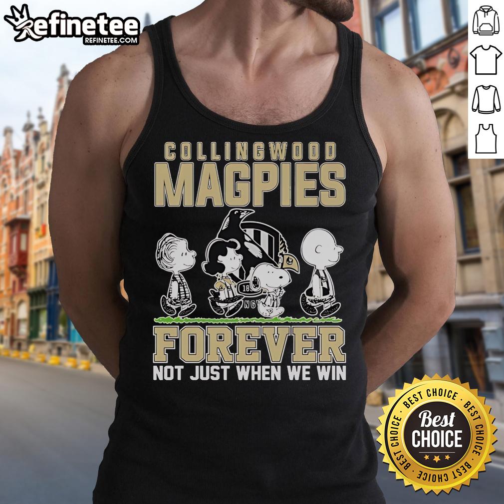 Alt Text: Official Snoopy and Charlie Brown tank top featuring Collingwood Magpies slogan 'Forever, Not Just When We Win'.
