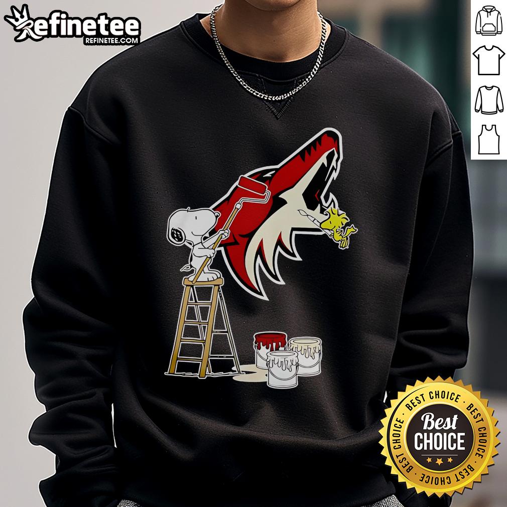 Alt Text: Official Snoopy and Woodstock painting on Arizona Coyotes logo sweatshirt, perfect for fans and collectors.