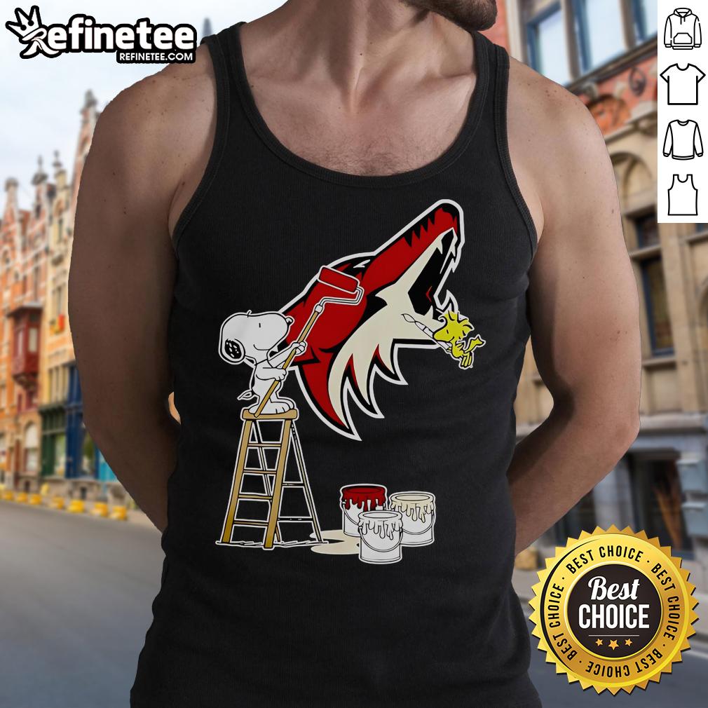 Official Snoopy and Woodstock painting on Arizona Coyotes logo tank top, perfect for hockey fans and Peanuts lovers.