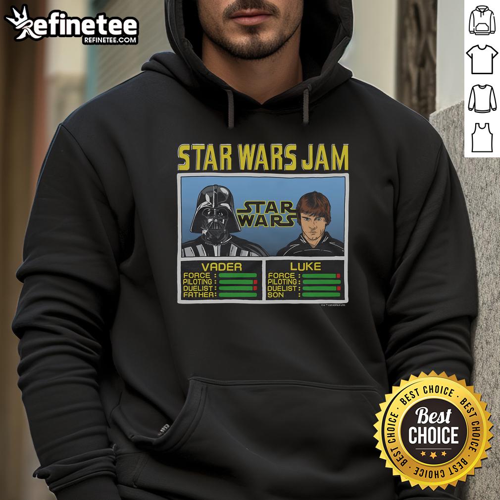 Official Star Wars Jam Vader and Luke hoodie featuring iconic characters in a stylish design for fans.