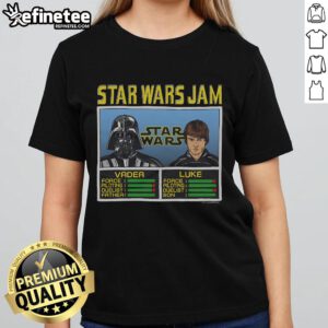 Alt Text: Official Star Wars Jam Vader and Luke Ladies Tee featuring iconic characters in a stylish design for fans.
