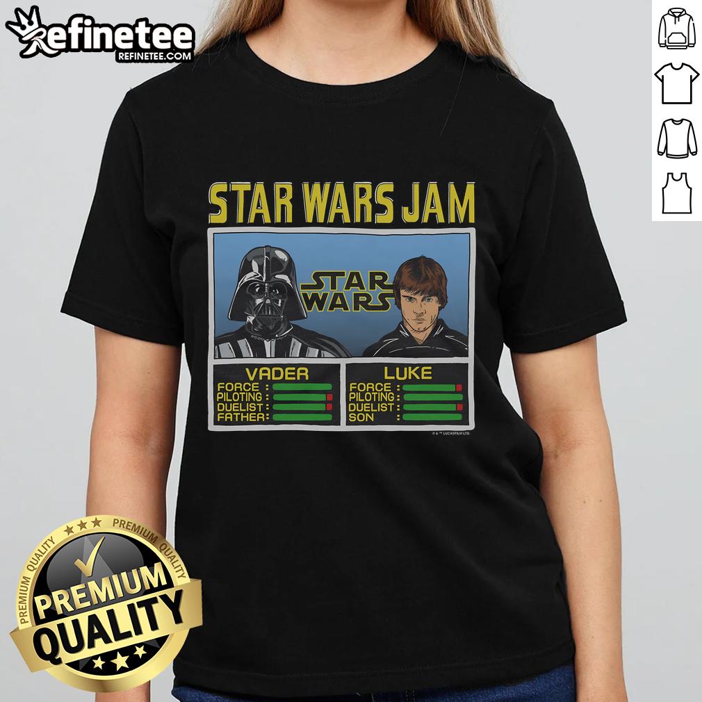 Alt Text: Official Star Wars Jam Vader and Luke Ladies Tee featuring iconic characters in a stylish design for fans.