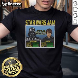 Official Star Wars Jam Vader and Luke T-Shirt featuring iconic characters in a vibrant, dynamic design for fans.