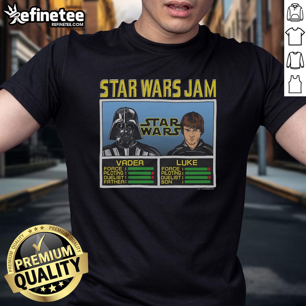 Official Star Wars Jam Vader and Luke T-Shirt featuring iconic characters in a vibrant, dynamic design for fans.