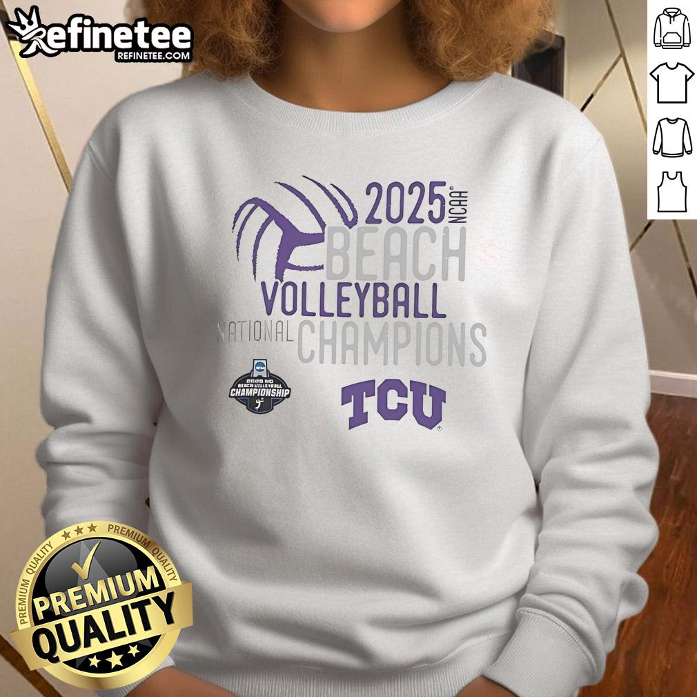 TCU Horned Frogs 2025 NCAA Beach Volleyball National Champions sweatshirt featuring vibrant team colors and logo.