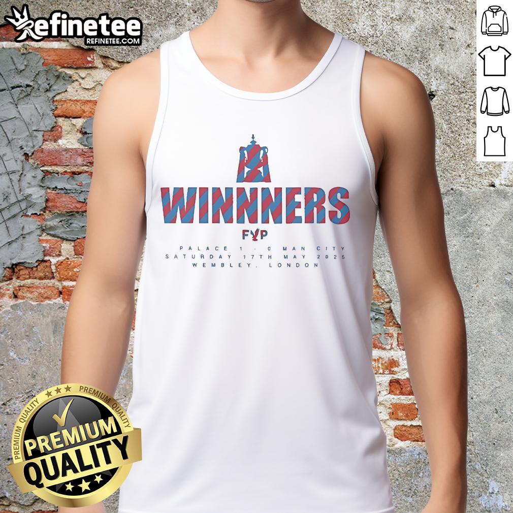 Official FA Cup winners tank top featuring Palace 1-0 Man City, Wembley London, May 17, 2025.