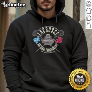 Alt Text: 2025 NCAA Division III Men's Lacrosse National Championship hoodie featuring Tufts Jumbos and Dickinson Red Devils logos.