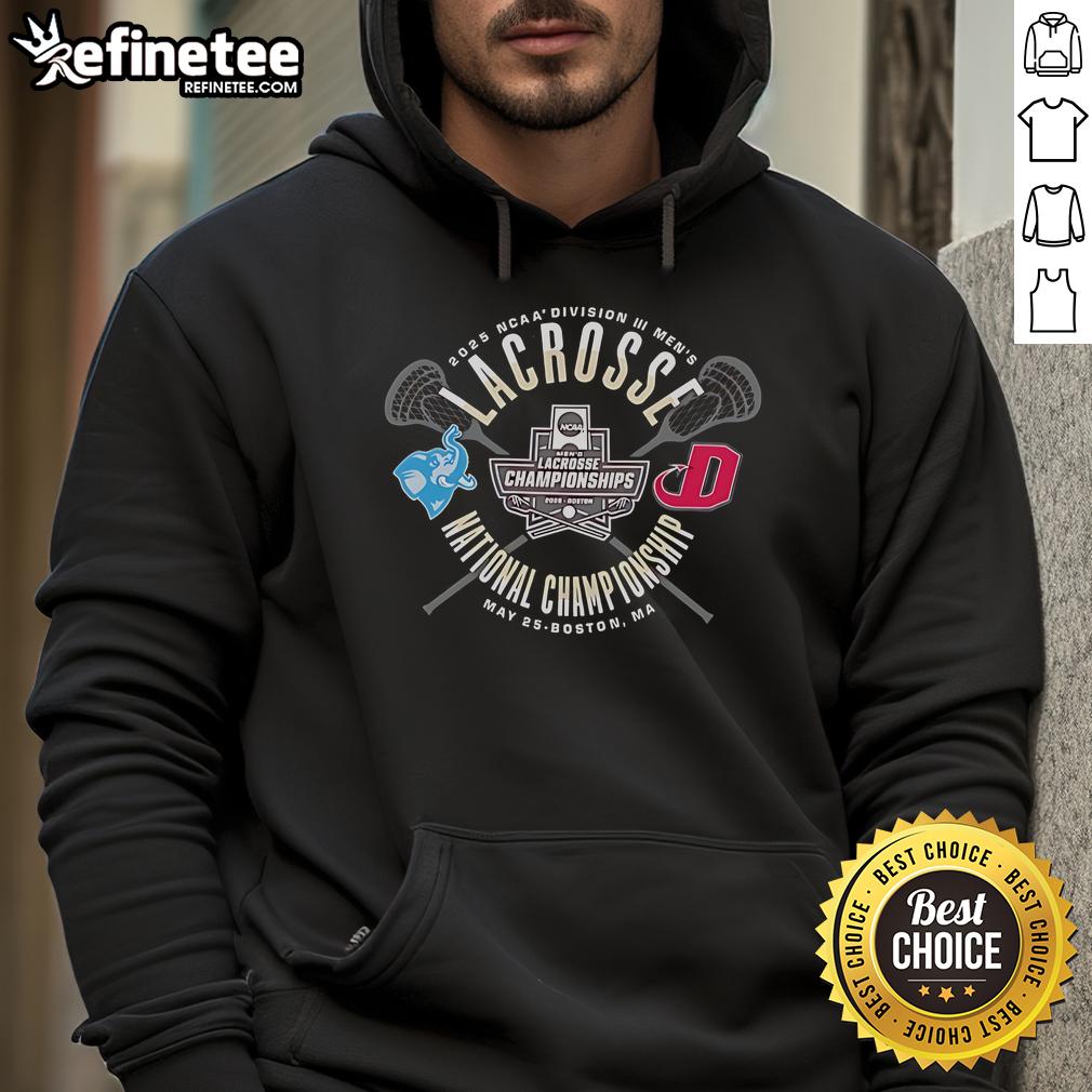 Alt Text: 2025 NCAA Division III Men's Lacrosse National Championship hoodie featuring Tufts Jumbos and Dickinson Red Devils logos.