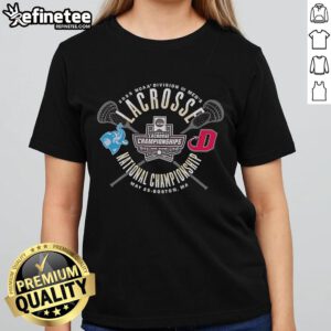 Alt Text: Official Tufts Jumbos vs Dickinson Red Devils NCAA Division III Men's Lacrosse Championship 2025 Ladies Tee design.