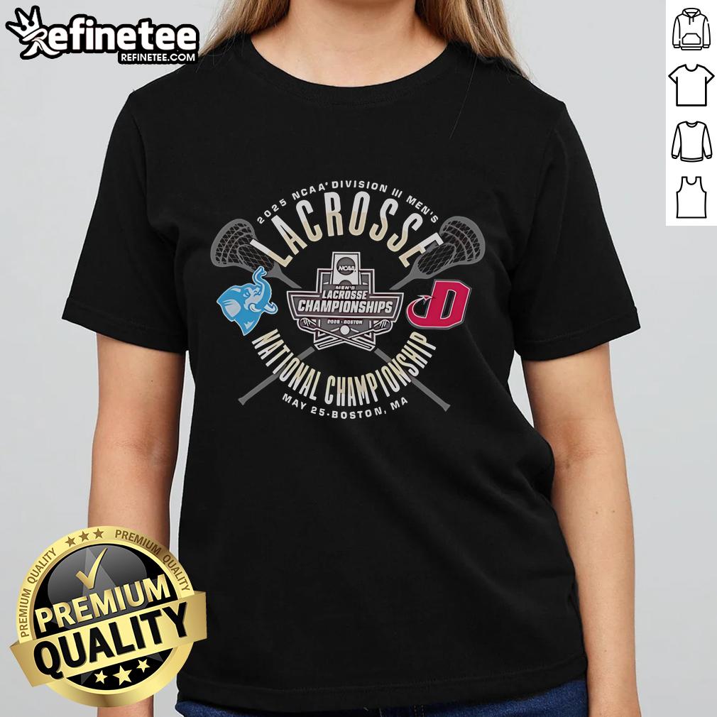 Alt Text: Official Tufts Jumbos vs Dickinson Red Devils NCAA Division III Men's Lacrosse Championship 2025 Ladies Tee design.