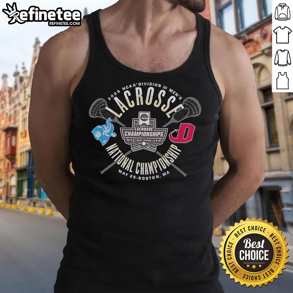 2025 NCAA Division III Men's Lacrosse National Championship tank top featuring Tufts Jumbos and Dickinson Red Devils logos.