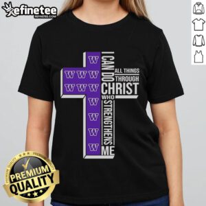 Alt Text: Official Washington Huskies ladies tee featuring 'I Can Do All Things Through Christ' motivational quote.