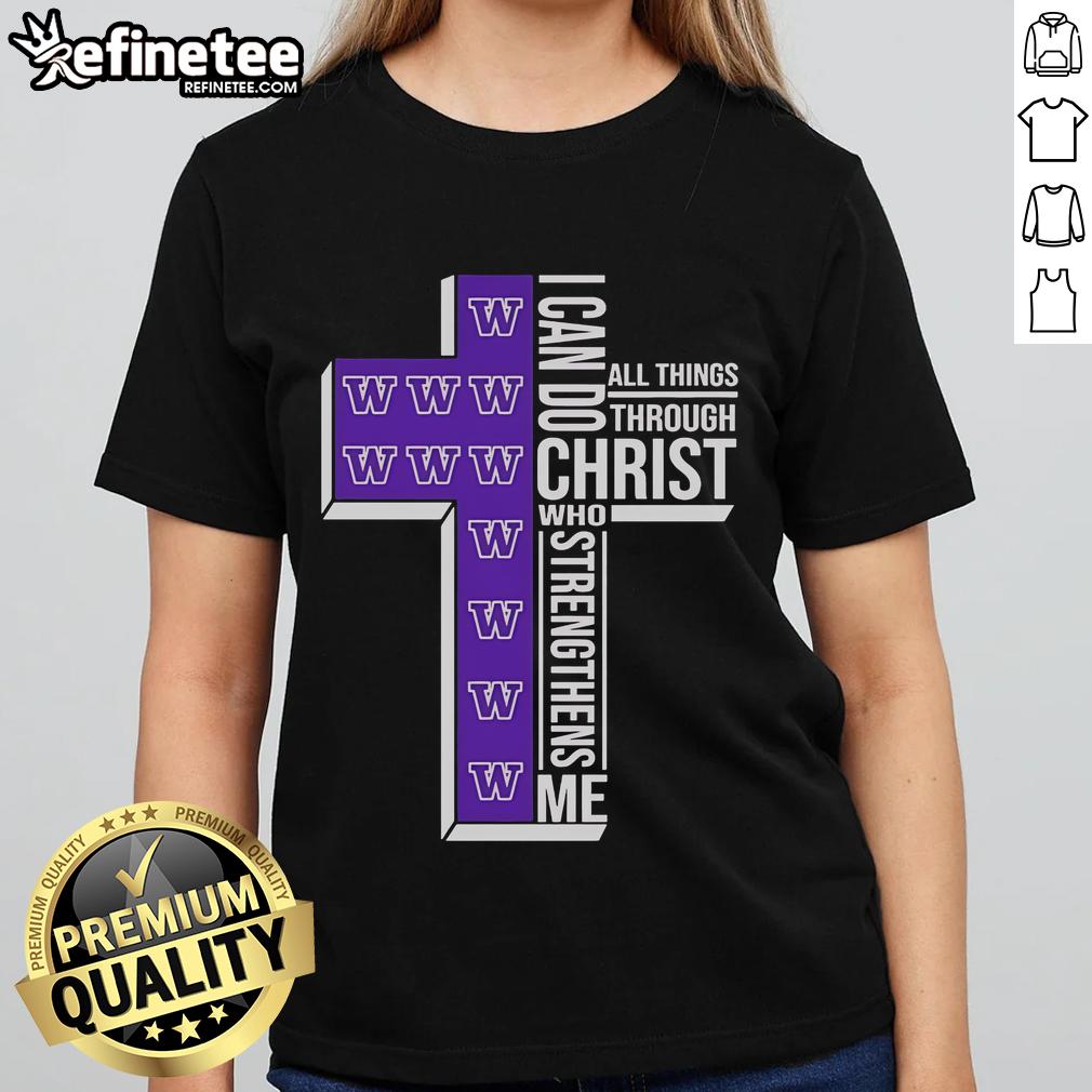 Alt Text: Official Washington Huskies ladies tee featuring 'I Can Do All Things Through Christ' motivational quote.