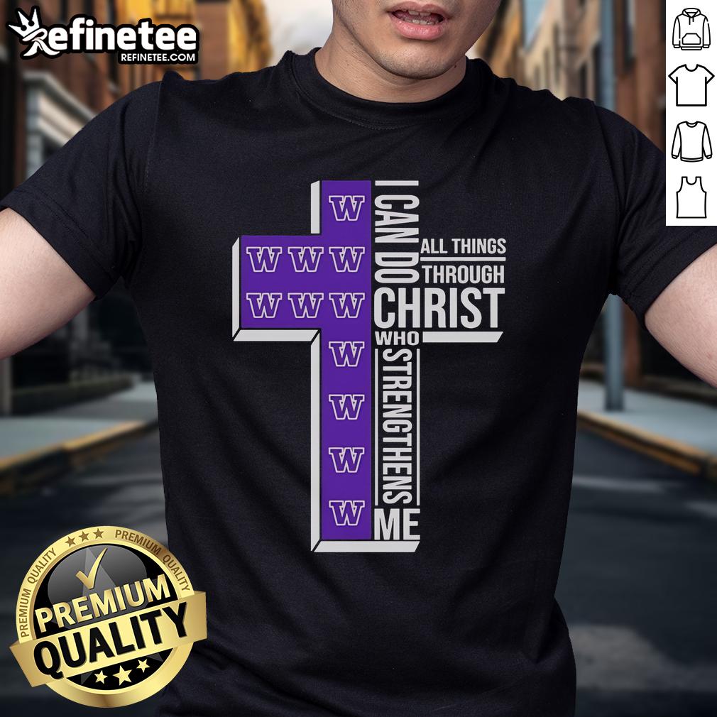 Official Washington Huskies T-Shirt featuring 'I Can Do All Things Through Christ' message, perfect for fans and supporters.
