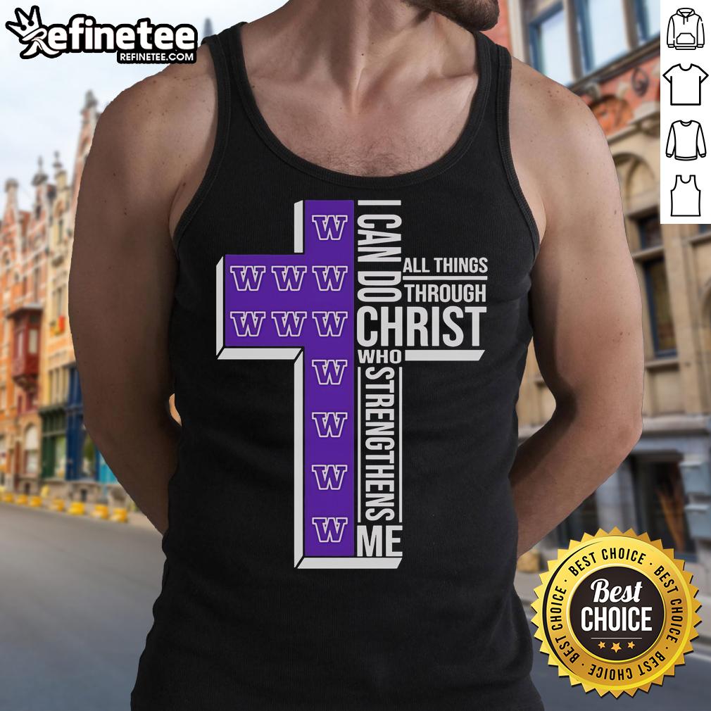 Official Washington Huskies tank top featuring 'I Can Do All Things Through Christ' inspirational design.