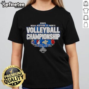 Alt Text: Premium 2025 NCAA DIII Men's Volleyball Championship Cal Lutheran vs Springfield vs Juniata vs Southern VA Ladies Tee