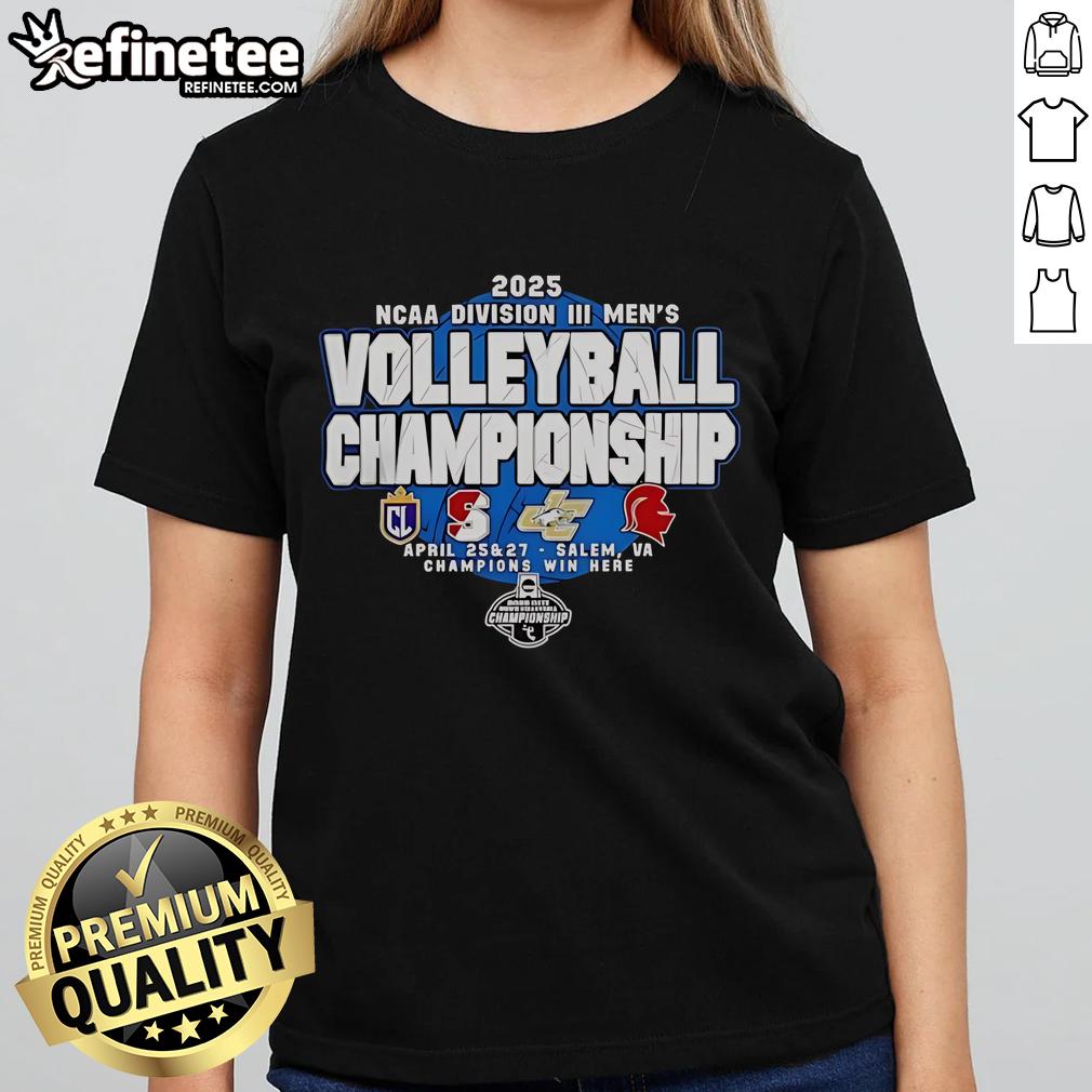 Alt Text: Premium 2025 NCAA DIII Men's Volleyball Championship Cal Lutheran vs Springfield vs Juniata vs Southern VA Ladies Tee