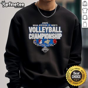 Alt Text: Premium 2025 NCAA DIII Men's Volleyball Championship sweatshirt featuring Cal Lutheran, Springfield, Juniata, and Southern VA logos.