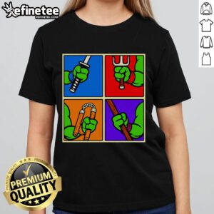 Alt Text: Awesome Teenage Mutant Ninja Turtles Ninja Weapons Ladies Tee featuring vibrant graphics of iconic ninja weapons.