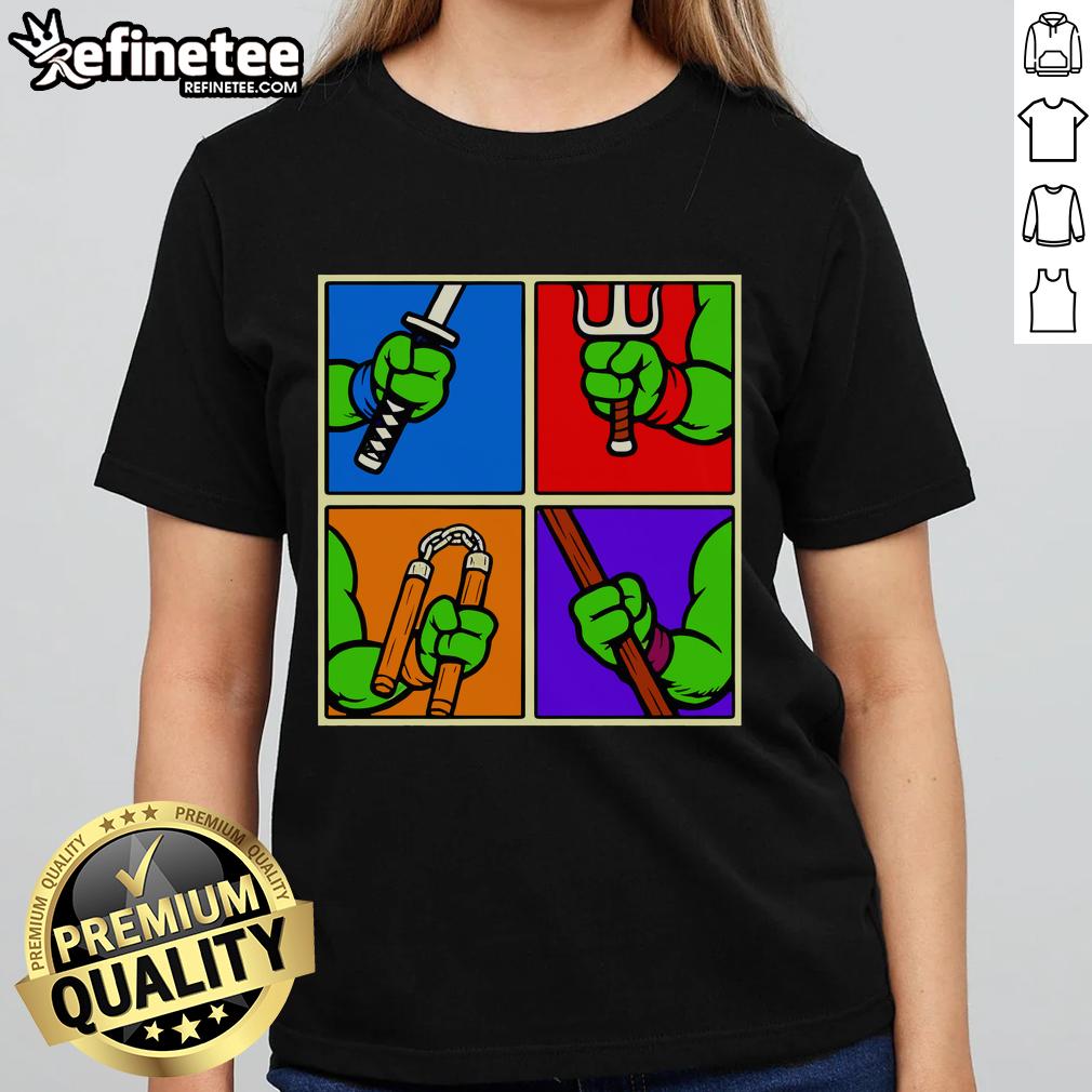 Alt Text: Awesome Teenage Mutant Ninja Turtles Ninja Weapons Ladies Tee featuring vibrant graphics of iconic ninja weapons.