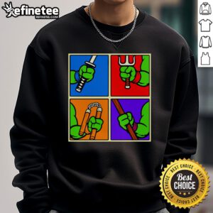 Awesome Teenage Mutant Ninja Turtles Ninja Weapons Sweatshirt featuring vibrant graphics of iconic TMNT characters and their weapons.