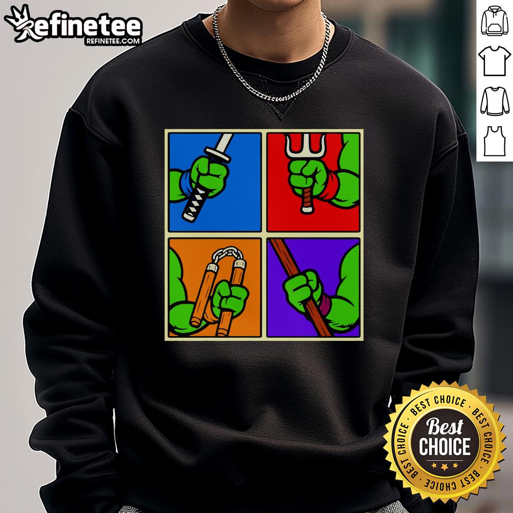 Awesome Teenage Mutant Ninja Turtles Ninja Weapons Sweatshirt featuring vibrant graphics of iconic TMNT characters and their weapons.