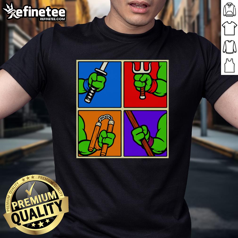 Awesome Teenage Mutant Ninja Turtles Ninja Weapons T-Shirt featuring iconic characters and their signature weapons.