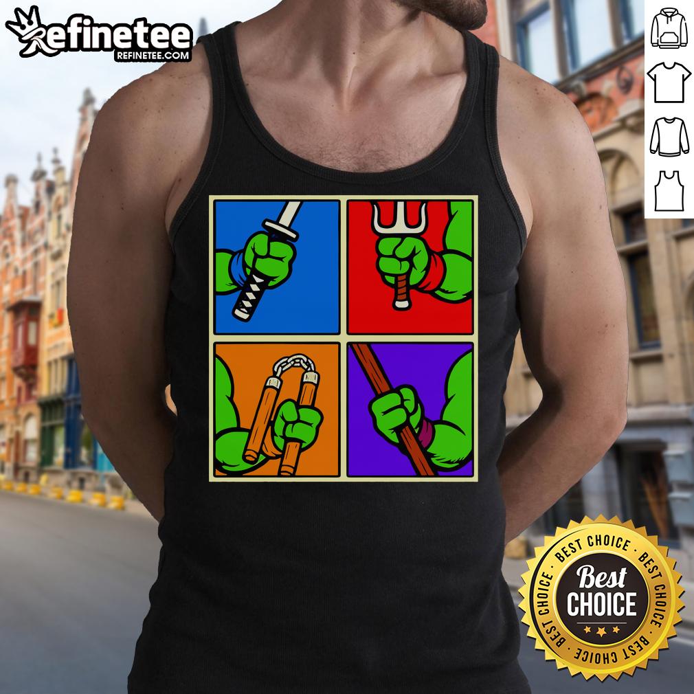 Awesome Teenage Mutant Ninja Turtles ninja weapons tank top featuring vibrant designs of Leo, Donnie, Mikey, and Raph.