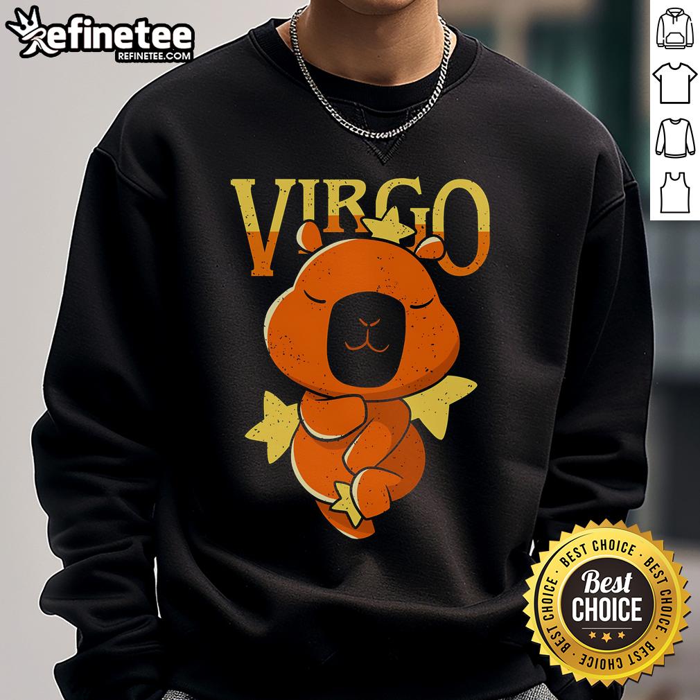 Adorable capybara wearing a Virgo sweatshirt, perfect for astrology lovers and cute animal enthusiasts.