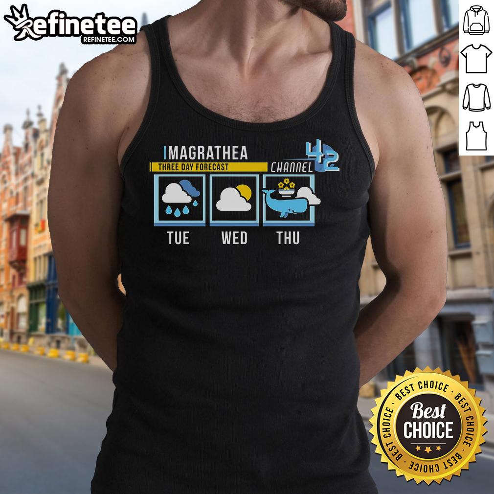 Funny Magrathea Three Day Forecast Channel tank top featuring whimsical graphics for sci-fi fans and casual wear.