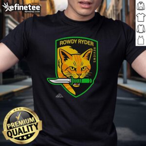 Alt Text: Good Rowdy Ryder Reviews Cat Hound Logo T-Shirt featuring a vibrant design and playful cat and dog graphics.