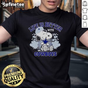 Good Snoopy Life Is Better With Cowboys Cartoon T-Shirt featuring Snoopy and cowboy graphics in vibrant colors.