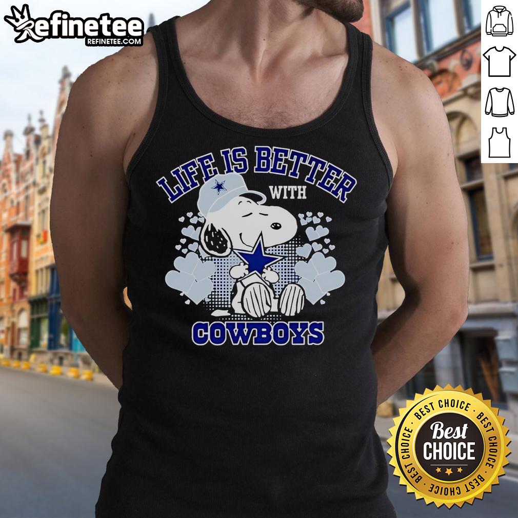 Good Snoopy Life Is Better With Cowboys cartoon tank top featuring Snoopy and cowboys in vibrant colors.