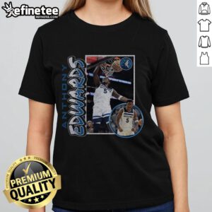 Hot Anthony Edwards in a navy Minnesota Timberwolves 90s player ladies tee, showcasing stylish basketball fan apparel.