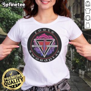 Alt Text: Nice Forte Swordplay logo on a stylish ladies tee, perfect for swordplay enthusiasts and fashion lovers.