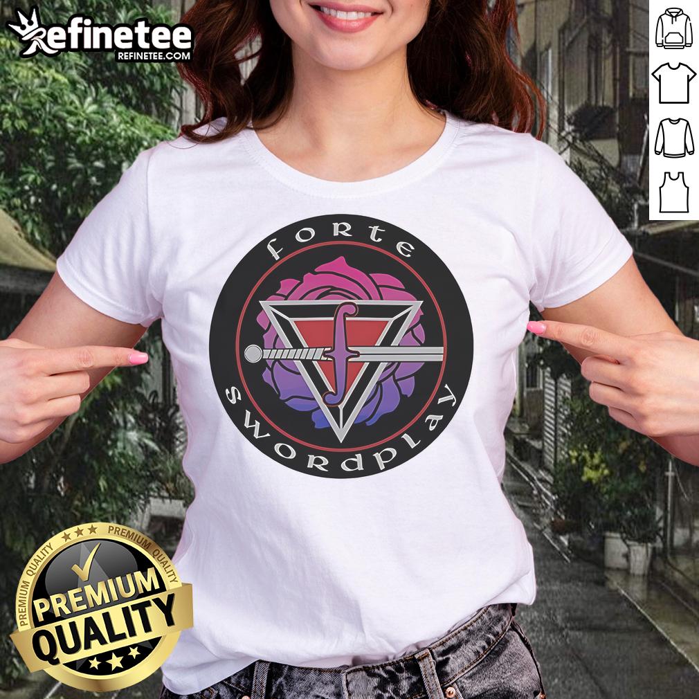 Alt Text: Nice Forte Swordplay logo on a stylish ladies tee, perfect for swordplay enthusiasts and fashion lovers.